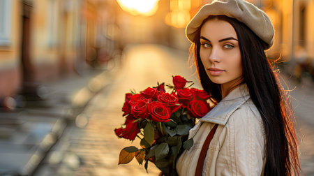 Portrait of a beautiful young woman with a bouquet of red roses in the cityの素材