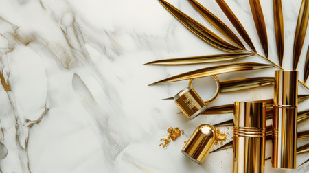 a luxurious banner design featuring golden cosmetic bottles adorned with delicate palm leaves, set against a sophisticated beige background, exuding opulence and elegance.の素材