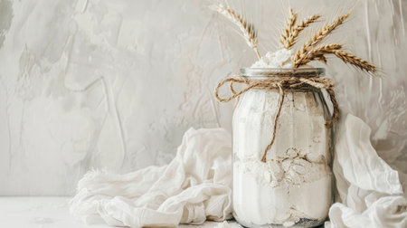 Wheat flour in a glass jar on a light background. Rustic style.の素材