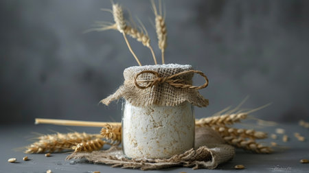 a glass jar filled with tangy sourdough starter, accented by a decorative arrangement of wheat ears on a textured burlap backdrop.の素材