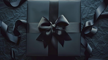 a black gift box adorned with a sleek satin ribbon and bow, set against a sophisticated black background in a top-down view, evoking a sense of opulence and refinement.の素材