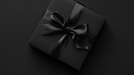 a black gift box adorned with a sleek satin ribbon and bow, set against a sophisticated black background in a top-down view, evoking a sense of opulence and refinement.の素材