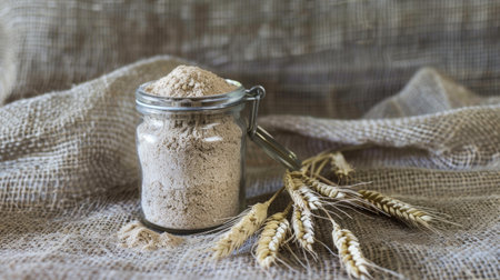 a glass jar filled with tangy sourdough starter, accented by a decorative arrangement of wheat ears on a textured burlap backdrop.の素材