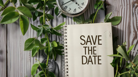 the text save date written on blank notebook paper, with an alarm clock beside it, wooden backgroundの素材