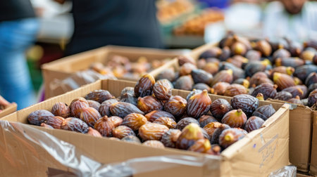 Indian dates market, many boxes of dried and fresh date fruits for sale at the desert bazaar in Jazan.の素材