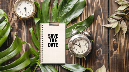 the text save date written on blank notebook paper, with an alarm clock beside it, wooden backgroundの素材