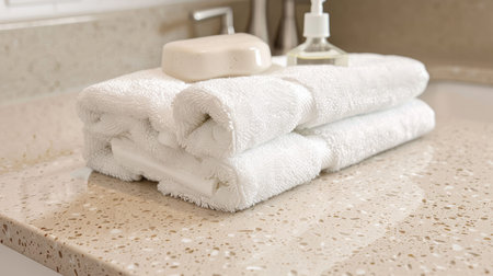 a modern bathroom countertop. Highlight the glossy finish of the surface, with three folded towels arranged neatly beside an eyedropper placed strategically to catch the viewer's attention.の素材
