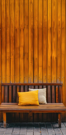 Wooden bench with yellow pillows on the background of wooden wallの素材