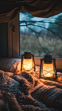 a bedroom scene with bedside lamps on both sides of the bed emitting warm white lightの素材