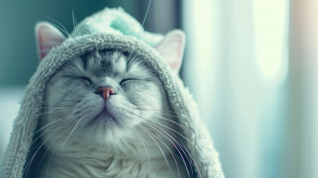 a cute British Shorthair cat adorned with a towel on its head, using soft light for a gentle effectの素材