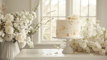 a cake adorned with gold leaf on a white cake stand, positioned near white flowers, with a softly lit random background in a bright, well-lit room.の素材