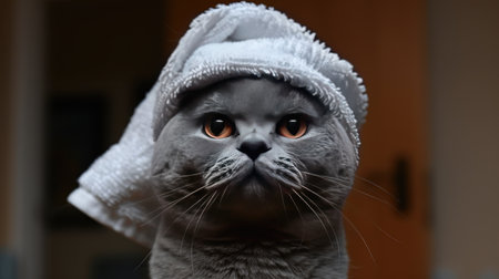 a cute British Shorthair cat adorned with a towel on its head, using soft light for a gentle effectの素材