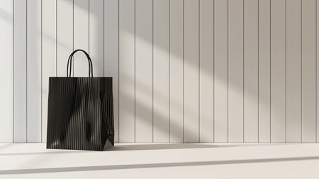 a black paper bag placed on a clean white wooden table, offering a perfect spot for text additionの素材