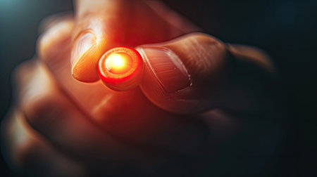 thumbs pressing the red button, illustrating the decisive action with a focus on the tactile sensation and intensityの素材