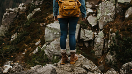 a hiker clad in appropriate outdoor gear, including a backpack and sturdy hiking boots, standing confidently on a rocky terrain.の素材