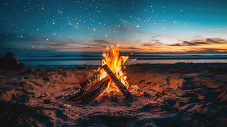 a beach bonfire at night, with stars twinkling overhead, casting a magical glow on the sandy shoreの素材