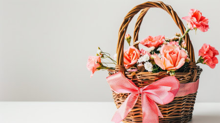 a beautifully designed gift basket adorned with fresh flowers and a satin ribbon, elegantly displayed against a light background, exuding charm and sophistication.の素材