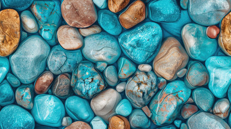 colorful pebbles scattered on the beach, with a background composed of blue and turquoise sea stones, evoking a sense of tranquility and natural beauty.の素材