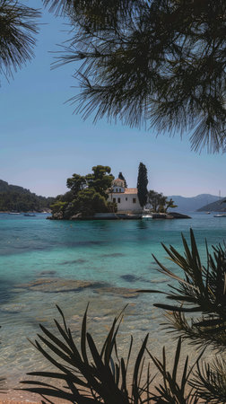 a small Greek island adorned with a white church, surrounded by crystal-clear turquoise waters, and lush pine trees in the village.の素材
