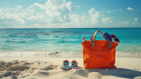 A beach bag with sunglasses, flip flops and other summer accessories on the background of a blue sea or ocean water and white sand.の素材