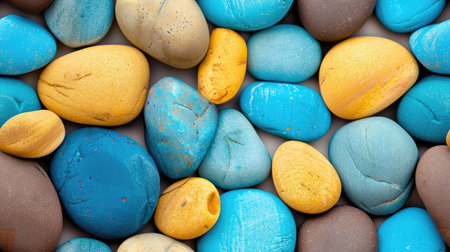 colorful pebbles scattered on the beach, with a background composed of blue and turquoise sea stones, evoking a sense of tranquility and natural beauty.の素材