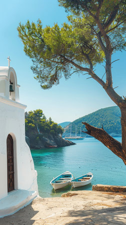 a small Greek island adorned with a white church, surrounded by crystal-clear turquoise waters, and lush pine trees in the village.の素材