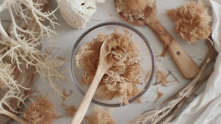 a glass bowl of sauerkraut, arranged alongside sea moss and a wooden spoon, exuding a feminine and simplistic aesthetic with a sunny light color palette.の素材