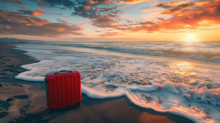 a suitcase placed on the sandy beach, with gentle sea waves rolling in and a stunning sunset, conveying the idea of travel and adventure for a summer vacation, trip, or business journey.の素材