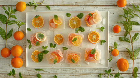 Tangerines, lemons and mint on a white wooden backgroundの素材