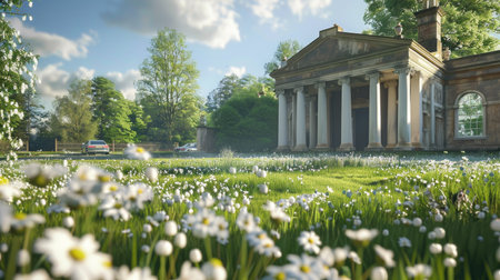 Panoramic view of a park with white flowers and a churchの素材