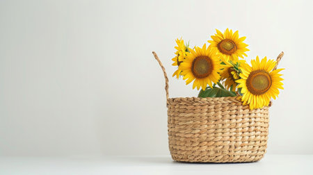 a straw bag adorned with sunflowers on an isolated background, designed as a web banner with ample copy space on the right for text.の素材