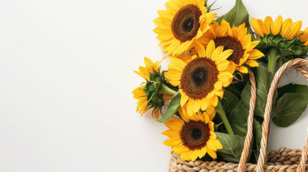 a straw bag adorned with sunflowers on an isolated background, designed as a web banner with ample copy space on the right for text.の素材
