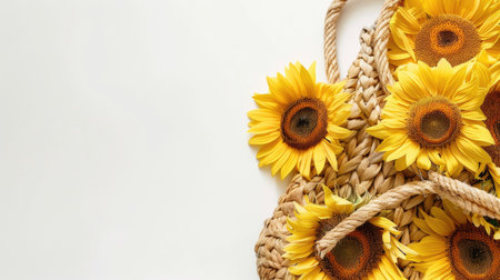 a straw bag adorned with sunflowers on an isolated background, designed as a web banner with ample copy space on the right for text.の素材