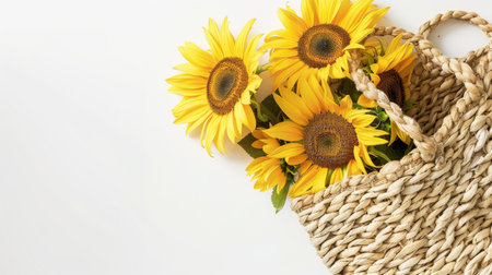 a straw bag adorned with sunflowers on an isolated background, designed as a web banner with ample copy space on the right for text.の素材