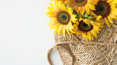 a straw bag adorned with sunflowers on an isolated background, designed as a web banner with ample copy space on the right for text.の素材