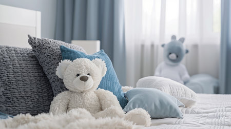 a children's bedroom with a white teddy bear surrounded by blue and gray pillows on a bed, under soft pastel-colored lighting.の素材