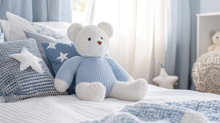 a children's bedroom with a white teddy bear surrounded by blue and gray pillows on a bed, under soft pastel-colored lighting.の素材