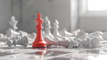 a red chess piece standing victoriously on the board, surrounded by fallen white pieces, with a light gray and blurry background.の素材