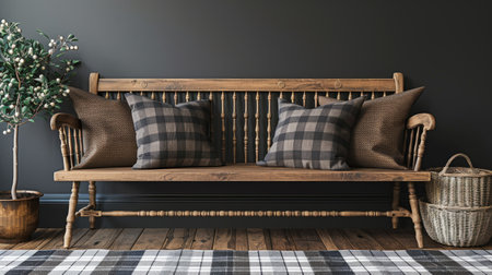 a wooden bench with pillows against a wall, showcasing country farmhouse design elements in a minimalistic style against a gray backdrop.の素材