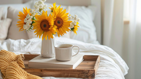 a flowers bouquet in a vase on a wooden tray, accompanied by a book and coffee cup, set against a serene white bed background.の素材