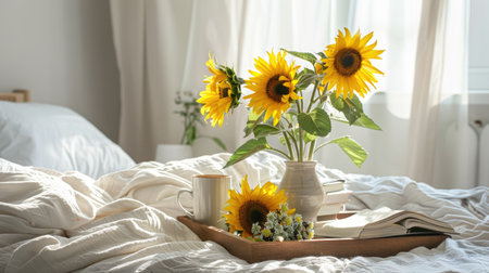 a flowers bouquet in a vase on a wooden tray, accompanied by a book and coffee cup, set against a serene white bed background.の素材