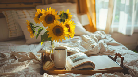 a flowers bouquet in a vase on a wooden tray, accompanied by a book and coffee cup, set against a serene white bed background.の素材