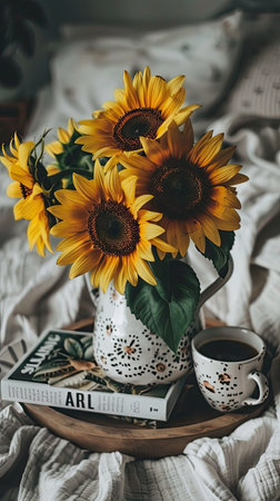 a flowers bouquet in a vase on a wooden tray, accompanied by a book and coffee cup, set against a serene white bed background.の素材