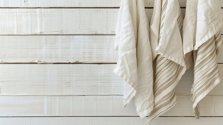 beige kitchen towels hanging on a wooden slats background, showcasing their textures and colorsの素材