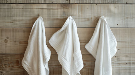beige kitchen towels hanging on a wooden slats background, showcasing their textures and colorsの素材