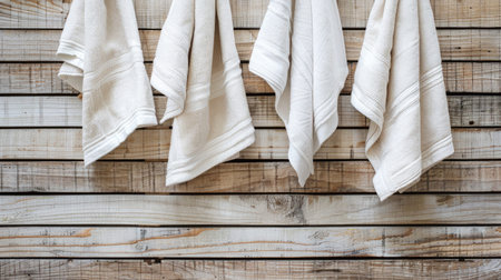 beige kitchen towels hanging on a wooden slats background, showcasing their textures and colorsの素材