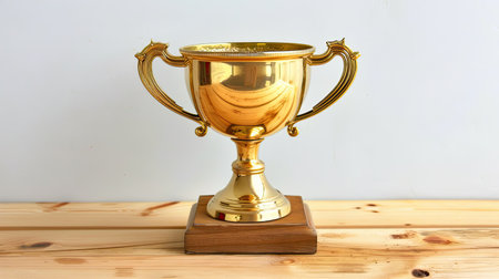 a golden trophy cup placed on a wooden table against a clean white background, symbolizing achievement in business or sports.の素材