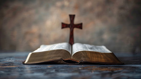 an open Bible with a wooden cross on a black background, bathed in sparkling light from above, resting on an old table with ample space for text.の素材
