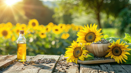 sunflower oil and fresh sunflowers arranged on a wooden table, set against a lush green background, providing ample copy space for text.の素材
