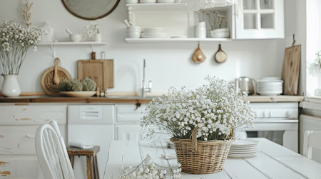 a kitchen with a vintage cabinet, white walls and floor, a basket of flowers on the table, and a mirror above the cabinets.の素材